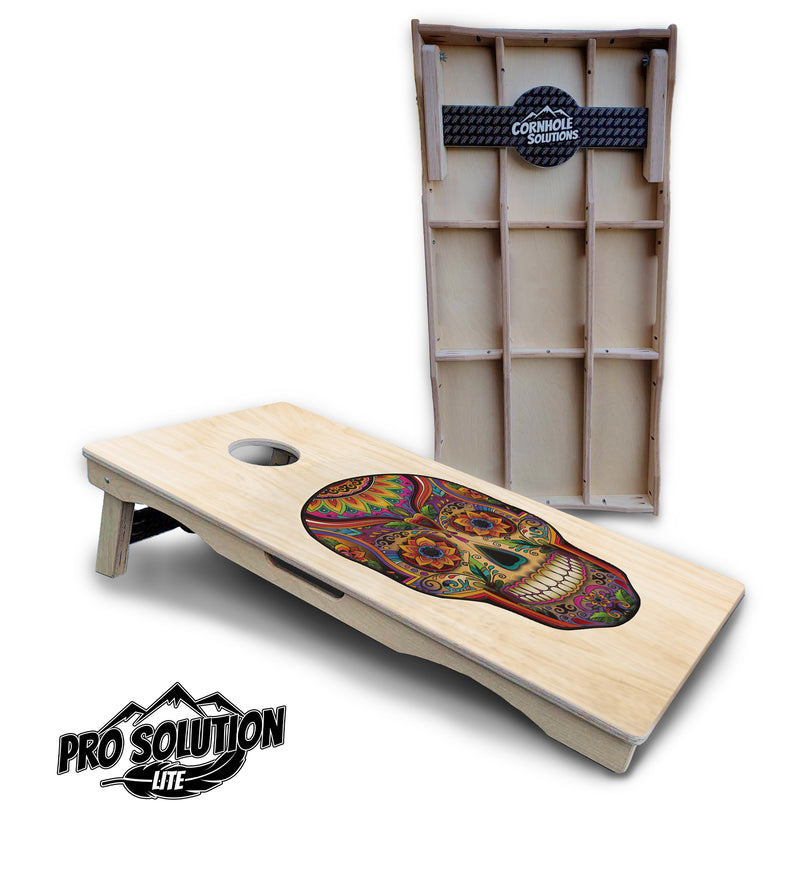 Pro Solution Lite - Sugar Skull Design Options - Professional Tournament Cornhole Boards 3/4" Baltic Birch - Zero Bounce Zero Movement Vertical Interlocking Braces for Extra Weight & Stability +Double Thick Legs +Airmail Blocker