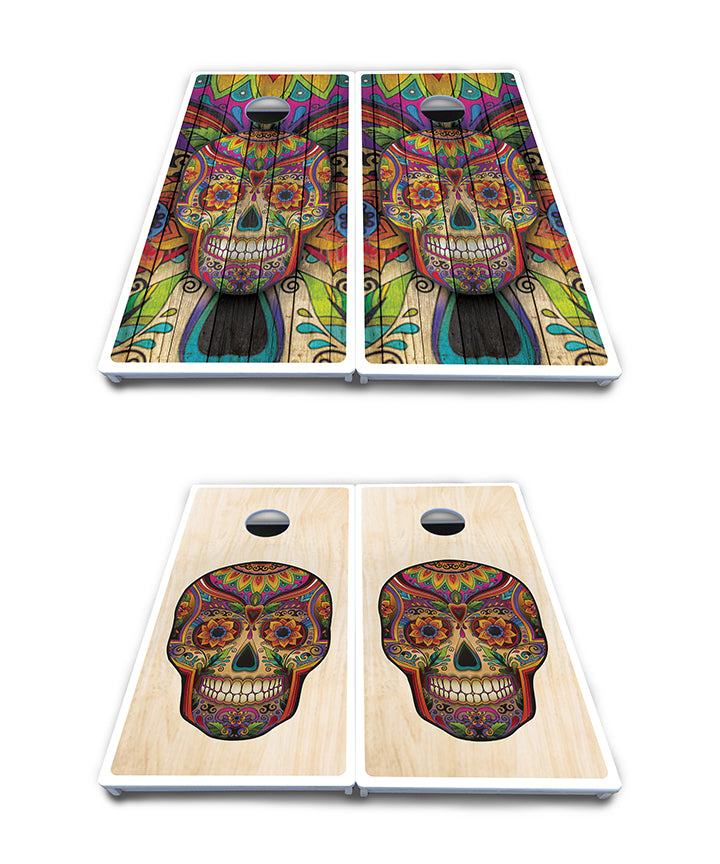 Waterproof - Sugar Skull Design Options - All Weather Boards "Outdoor Solution" 18mm(3/4")Direct UV Printed - Regulation 2' by 4' Cornhole Boards (Set of 2 Boards) Double Thick Legs, with Leg Brace & Dual Support Braces!