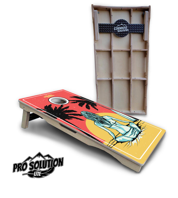 Pro Solution Lite - Sunset Girl - Professional Tournament Cornhole Boards 3/4" Baltic Birch - Zero Bounce Zero Movement Vertical Interlocking Braces for Extra Weight & Stability +Double Thick Legs +Airmail Blocker