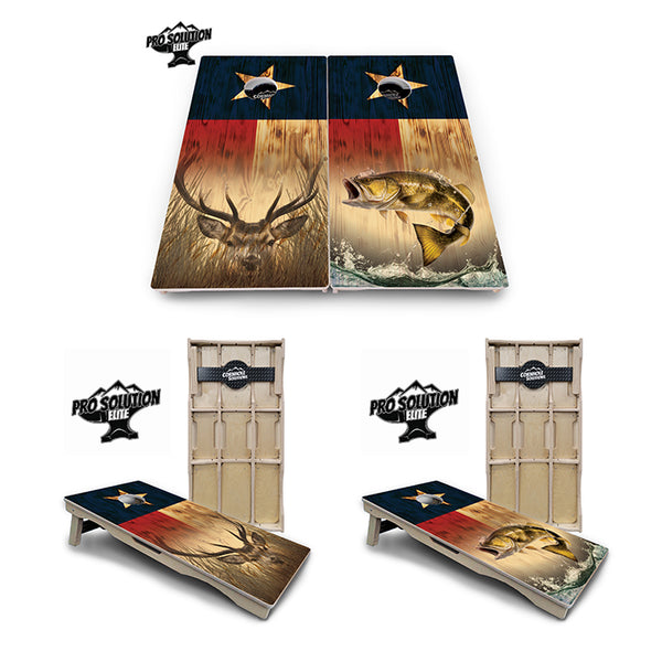 Pro Solution Elite - Texas Flag Deer & Fish Design Options - Professional Tournament Cornhole Boards 3/4" Baltic Birch - Zero Bounce Zero Movement Vertical Interlocking Braces for Extra Weight & Stability +Double Thick Legs +Airmail Blocker