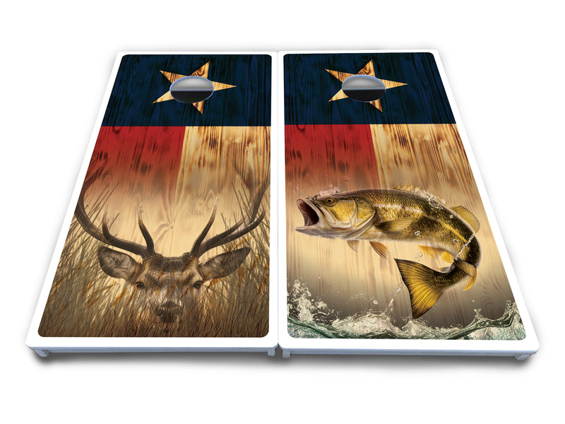 Waterproof - Texas Flag Deer & Fish Design Options - All Weather Boards "Outdoor Solution" 18mm(3/4")Direct UV Printed - Regulation 2' by 4' Cornhole Boards (Set of 2 Boards) Double Thick Legs, with Leg Brace & Dual Support Braces!