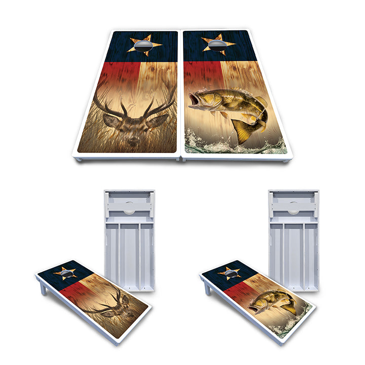 Waterproof - Texas Flag Deer & Fish Design Options - All Weather Boards "Outdoor Solution" 18mm(3/4")Direct UV Printed - Regulation 2' by 4' Cornhole Boards (Set of 2 Boards) Double Thick Legs, with Leg Brace & Dual Support Braces!