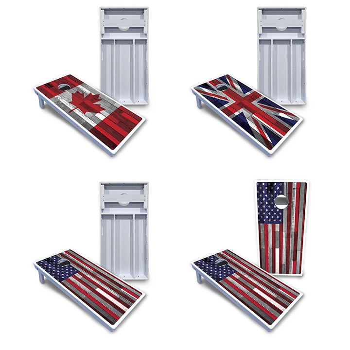 Waterproof - USA / Canada / Union Jack Plank Flag Design Options - All Weather Boards "Outdoor Solution" 18mm(3/4")Direct UV Printed - Regulation 2' by 4' Cornhole Boards (Set of 2 Boards) Double Thick Legs, with Leg Brace & Dual Support Braces!