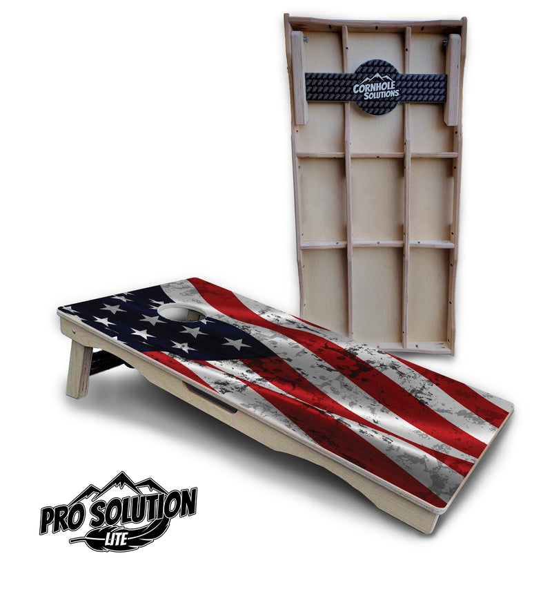 Pro Solution Lite - Wavy Distressed Flag - Professional Tournament Cornhole Boards 3/4" Baltic Birch - Zero Bounce Zero Movement Vertical Interlocking Braces for Extra Weight & Stability +Double Thick Legs +Airmail Blocker