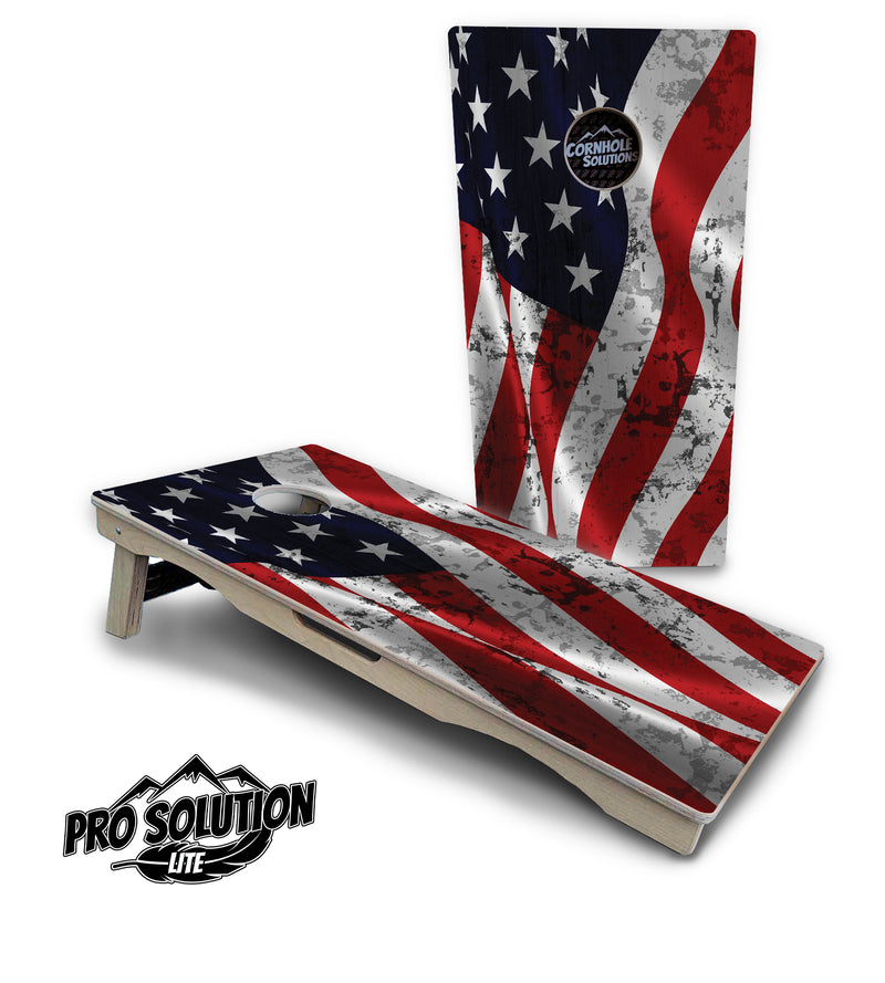 Pro Solution Lite - Wavy Distressed Flag - Professional Tournament Cornhole Boards 3/4" Baltic Birch - Zero Bounce Zero Movement Vertical Interlocking Braces for Extra Weight & Stability +Double Thick Legs +Airmail Blocker