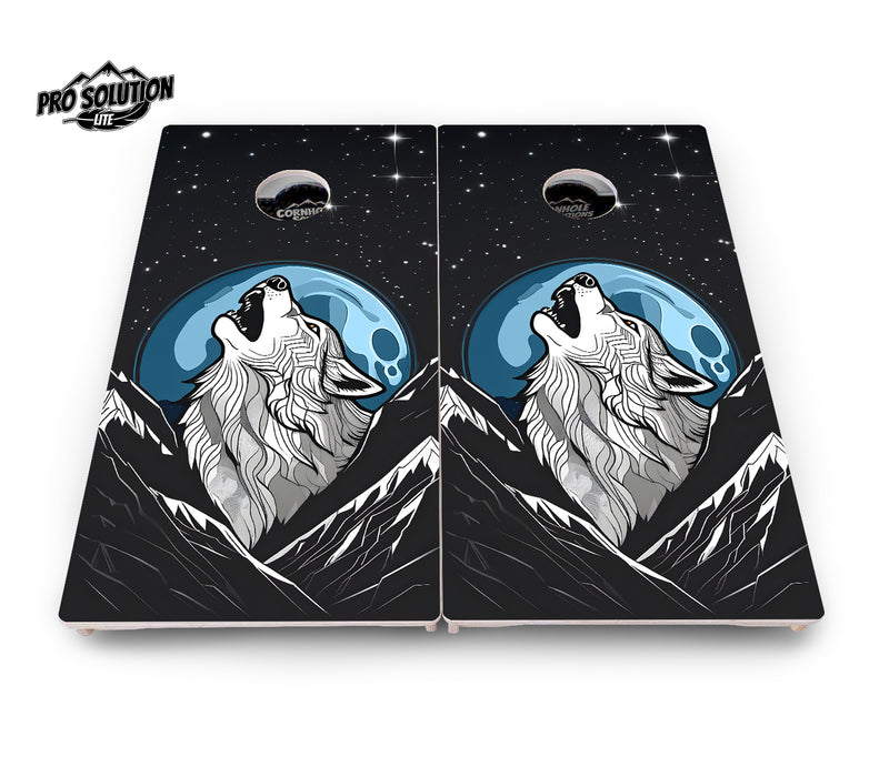 Pro Solution Lite - Wolf Howling - Professional Tournament Cornhole Boards 3/4" Baltic Birch - Zero Bounce Zero Movement Vertical Interlocking Braces for Extra Weight & Stability +Double Thick Legs +Airmail Blocker