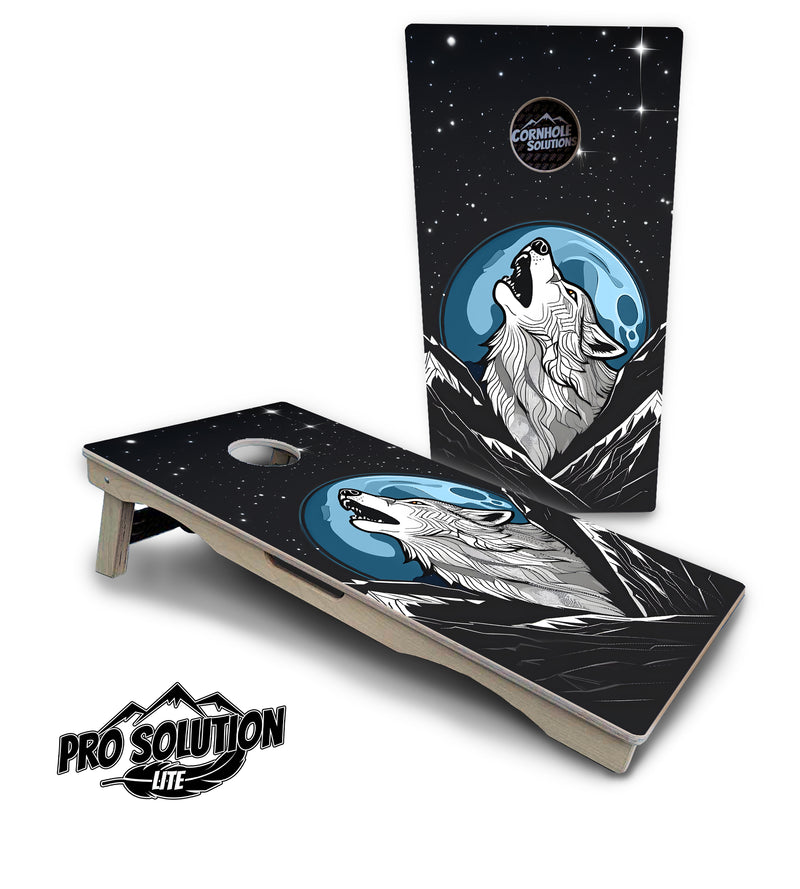 Pro Solution Lite - Wolf Howling - Professional Tournament Cornhole Boards 3/4" Baltic Birch - Zero Bounce Zero Movement Vertical Interlocking Braces for Extra Weight & Stability +Double Thick Legs +Airmail Blocker