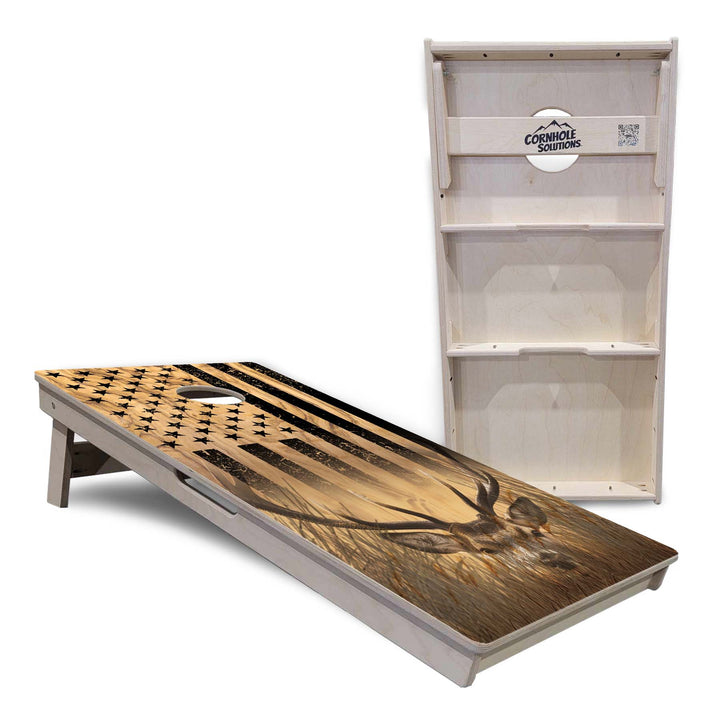 Light Wood Flag Deer & Fish Cornhole Boards - Professional Tournament Series