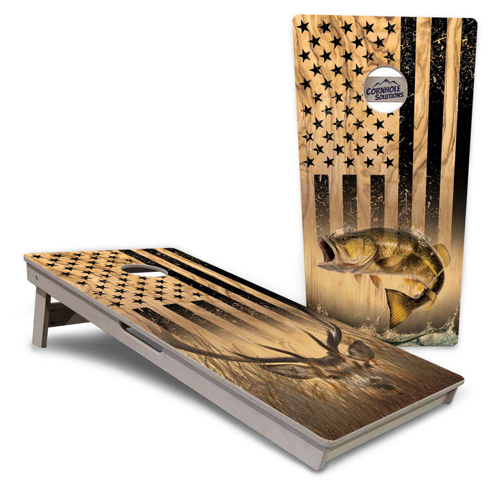 Light Wood Flag Deer & Fish Cornhole Boards - Professional Tournament Series