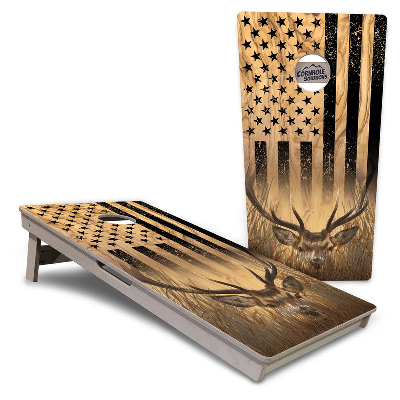 Tournament Boards - Light Wood Flag Deer & Fish Design Options - Professional Tournament 2'x4' Regulation Cornhole Set - 3/4″ Baltic Birch + UV Direct Print + UV Clear Coat