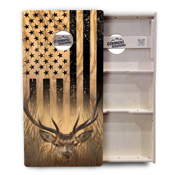 Light Wood Flag Deer & Fish Cornhole Boards - Professional Tournament Series
