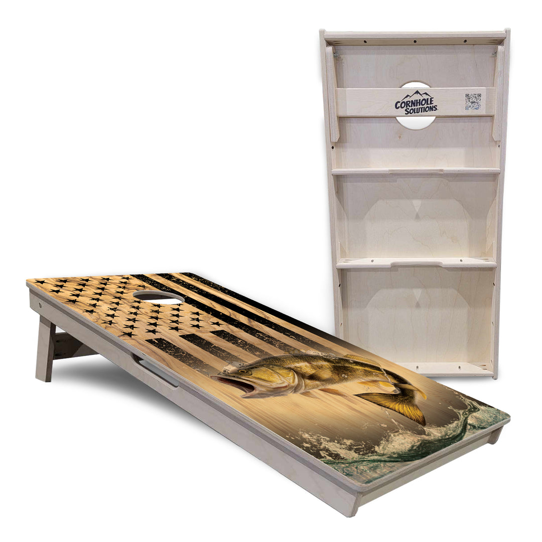 Light Wood Flag Deer & Fish Cornhole Boards - Professional Tournament Series