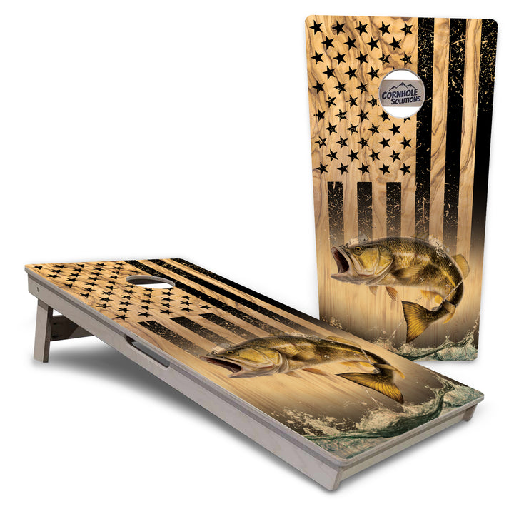 Light Wood Flag Deer & Fish Cornhole Boards - Professional Tournament Series