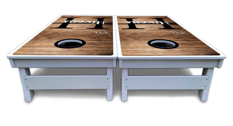 Waterproof - Wood Slat Name Design - All Weather Boards "Outdoor Solution" 18mm(3/4")Direct UV Printed - Regulation 2' by 4' Cornhole Boards (Set of 2 Boards) Double Thick Legs, with Leg Brace & Dual Support Braces!