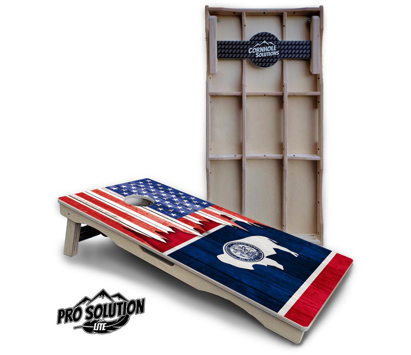 Pro Solution Lite - State Flag Designs South Dakota to Wyoming - Professional Tournament Cornhole Boards 3/4" Baltic Birch - Zero Bounce Zero Movement Vertical Interlocking Braces for Extra Weight & Stability +Double Thick Legs +Airmail Blocker